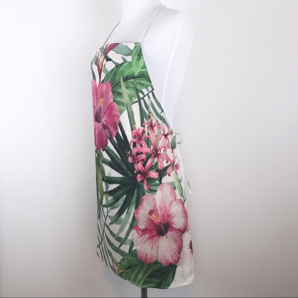 Floral Cooking Apron Woven Cotton Linen Tie Back M - Picture 3 of 4